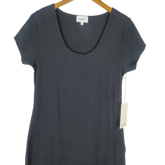 NEW Mate The Label Tencel Rib Short Sleeve Midi Dress XL Black Side Slit Stretch - Picture 4 of 12
